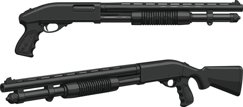 Detailed vector illustration of two pump‑action shotguns with tactical pistol grip and full stock configurations for comparison