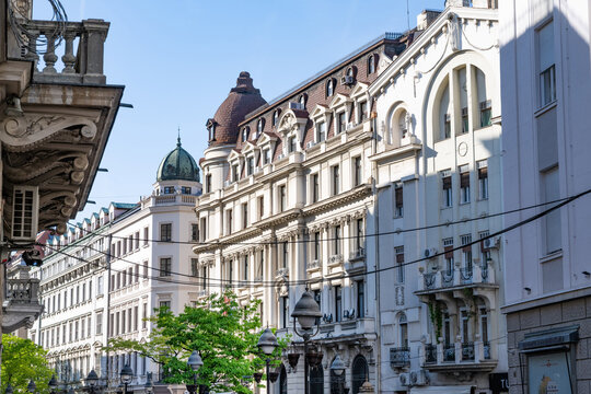 
The architecture and architectural details of typical apartment buildings on Knez Mihailova Street, a city centre street of historical and cultural importance, Belgrade, Serbia.