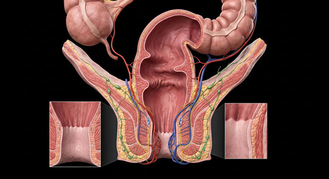 Rectum and anal canal gross anatomy cross-section showing internal and external anal sphincters, vasculature, nerves, lymphatics, and surrounding pelvic floor muscles, with magnified views of anal muc