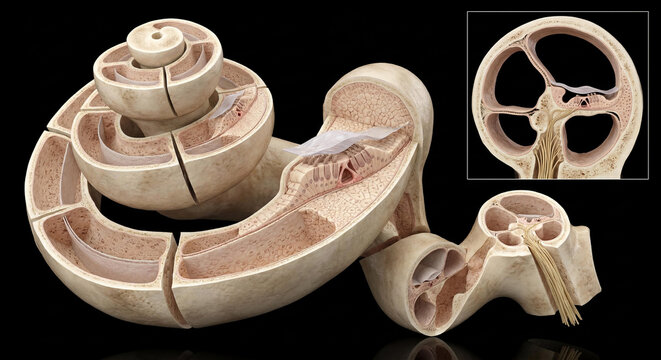 Human cochlea cross-section showcasing inner ear anatomy, organ of Corti, tectorial and basilar membranes, and auditory nerve fibers, 3D render on black background.