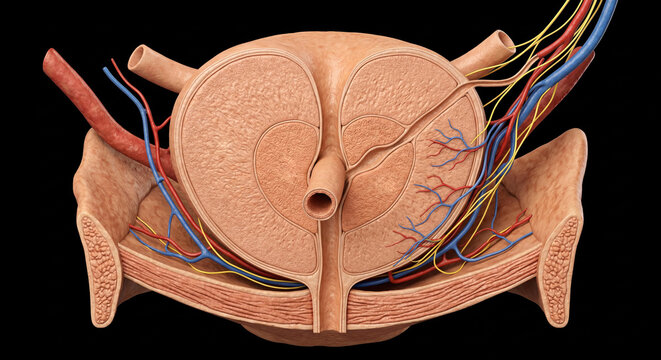 Prostate gland cross-section showing internal anatomy with seminal vesicles, vas deferens, urethra, arteries, veins, and nerves, male reproductive system on black background.
