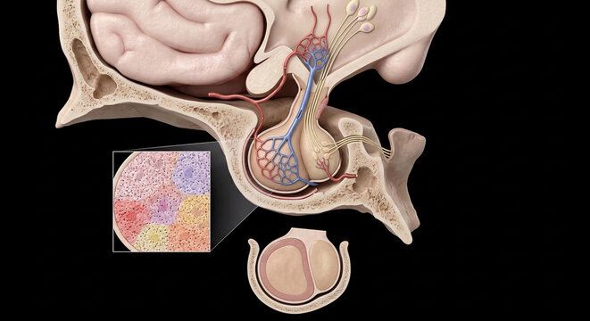 Pituitary gland and hypothalamus anatomical structure with blood supply and neural connections, showing cellular regions and cross-section, on black background.