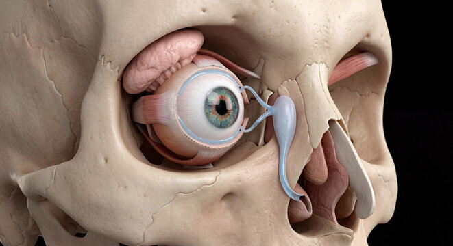 Human eye and lacrimal apparatus anatomical illustration showing the tear drainage system, extrinsic muscles, and bony orbit on black background.