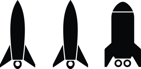 Minimalist black vector rocket ship silhouettes set representing space exploration launch icon templates on a white background © RAFIQUL