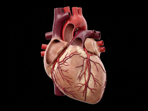 Human heart cross-section anatomy with visible coronary arteries, atria, ventricles, aorta, and pulmonary vessels, 3D medical illustration on black background.