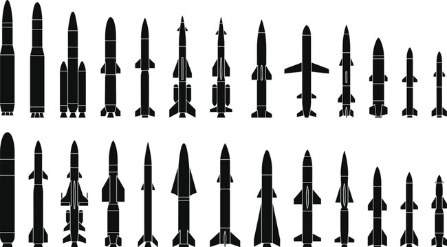 Military missile silhouettes vector icon set, rocket weapon types, cruise missiles, and ballistic projectiles isolated on white background.