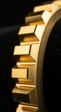 Golden gear, metallic cogwheel, industrial machinery part, shiny gold mechanical component