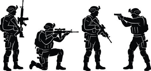 Fototapeta premium Silhouette illustration of armed soldiers in tactical gear holding rifles and handgun in multiple combat stances