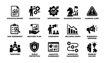 Fototapeta premium Business Management and Corporate Strategy Solid Icon Set Featuring Optimization Gears, Leadership, Analytics Dashboard, Workflow Management, and Recovery Plan Symbols for Presentations