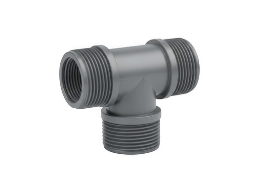 Grey plastic t-shaped pipe fitting connector for plumbing and irrigation systems isolated transparent png.