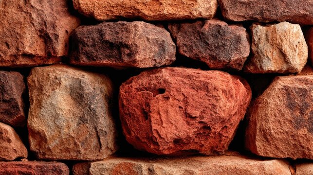 Rough Red Stone Wall Composed of Stacked Sandstone Blocks