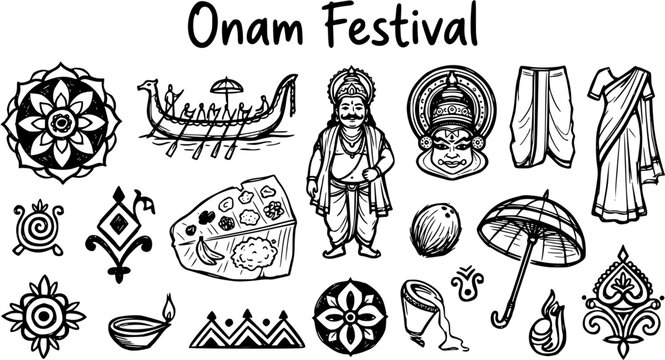 Onam Festival Hand Drawn Line Art Black and White Icons - Indian Culture and Tradition