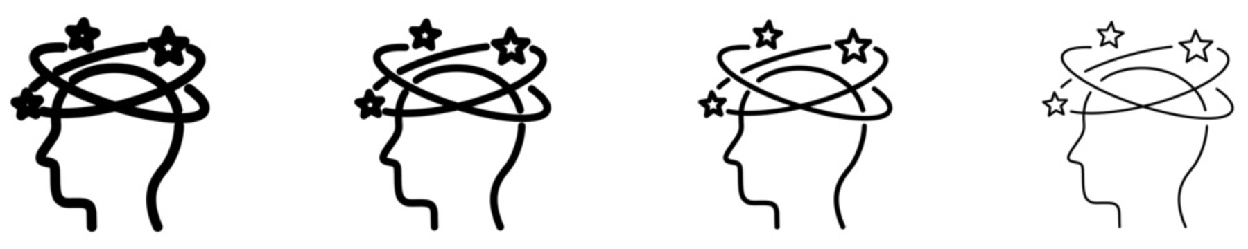 Line icons of a human head with spinning stars around it, symbolizing dizziness, disorientation, or concussion. Black icons of different stroke weights. Vector illustration.