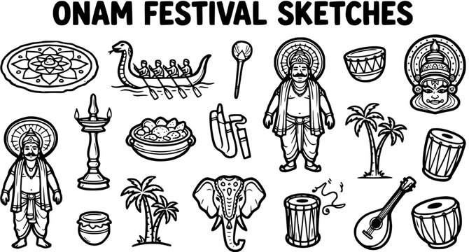 Onam Festival Sketches: Indian Cultural Symbols, Traditional Art, Line Art, Vector Icons