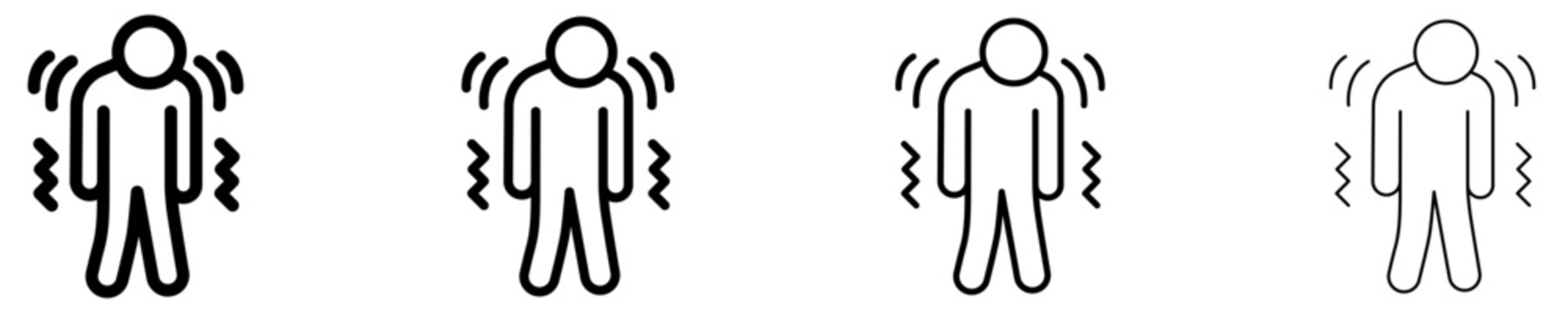 Line icons of a person shivering from chills, weakness, or fever. Black icons of different stroke weights. Vector illustration.