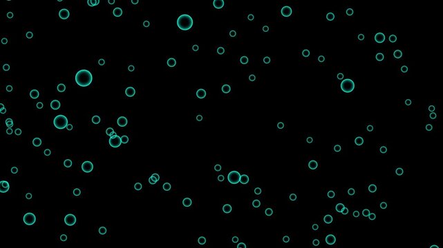 Cyan abstract floating bubbles spheres matrix code on black. Abstract bubbles background for futuristic technology digital data presentation. Abstract bubbles animation for scifi user interface.