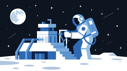 Illustration Of A Moon Base Builder Assembling A Structure Vector Design Template © Princess