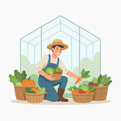 Obraz premium A cheerful farmer, with hat and overalls, harvests fresh vegetables into baskets near his greenhouse.