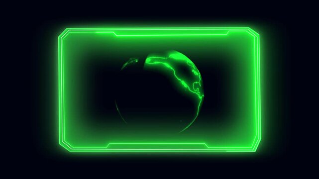 Green neon digital interface frame with spinning earth globe. Global ecology border symbol for international environmental data presentation. Digital neon frame animation for web panel.