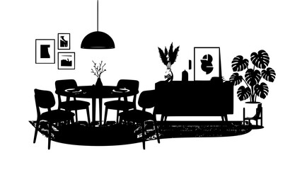 Obraz premium Modern Dining Room and Living Area Interior Vector Silhouette Featuring Round Table, Chairs, Cabinet Sideboard, Pendant Lamp, and Decorative Artwork Layout