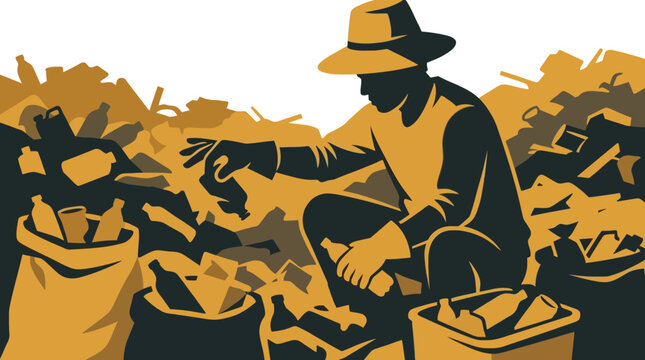 A man wearing a hat collecting recyclable plastic bottles. EPS Editable. Vector Illustrations.