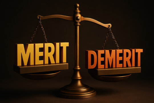 Balance scale with merit and demerit shows weight of judgment and tension of imbalance. concept of advantage versus disadvantage and making difficult choice