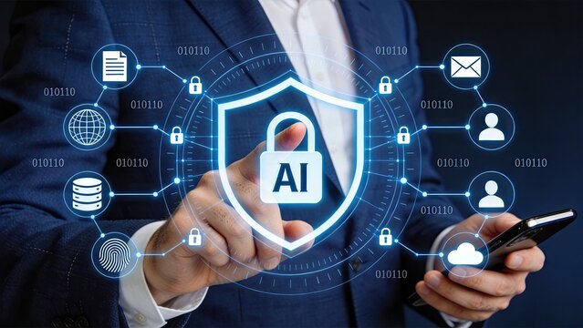Professional securing digital assets with AI powered shield protecting personal data privacy cloud storage and biometric authentication systems from cyber threats.