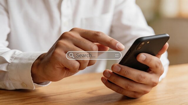 Businessman using smartphone with holographic search bar interface, typing query on mobile device screen, modern digital communication concept for technology and internet browsing