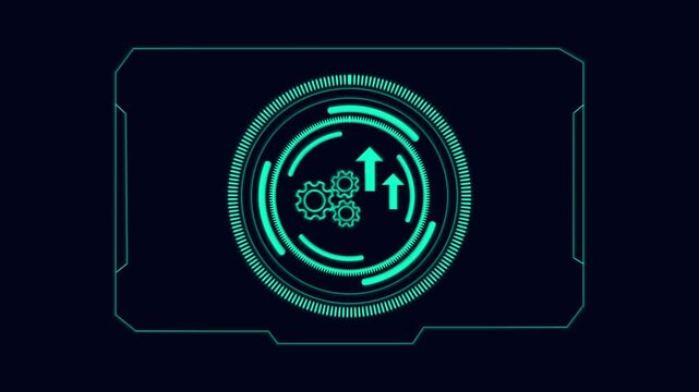 Teal futuristic HUD interface layout with spinning mechanical gears. Technology dashboard symbol for automated assembly machinery metrics. Digital HUD animation for sci-fi screen.