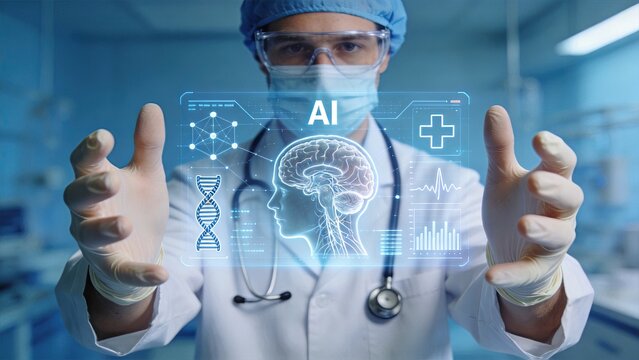 Male doctor in surgical mask interacting with futuristic AI hologram displaying brain, DNA and medical data, representing digital healthcare innovation, artificial intelligence