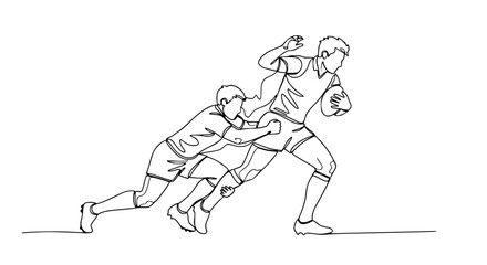 Fototapeta premium Rugby players, one tackling the other, continuous line art, dynamic action, sport illustration