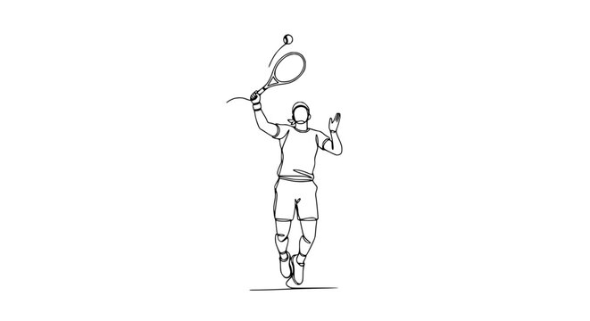 Minimalist line art drawing of a tennis player serving a ball, single continuous line