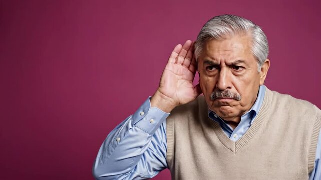senior hispanic man cupping hand to ear to hear better against pink background. concept of hearing loss, deafness or eavesdropping. stern facial expression. healthcare, aging, communication issue.