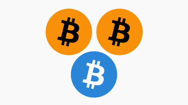 Three circular Bitcoin icons in orange and blue, symbolizing cryptocurrency, blockchain, digital currency, decentralized finance, and economic innovation.