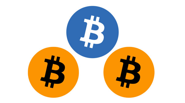 Three circular Bitcoin icons in orange and blue, symbolizing cryptocurrency, blockchain, digital currency, decentralized finance, and economic innovation.