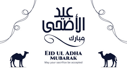 Eid ul Adha Mubarak greeting banner, Arabic calligraphy Eid Al Adha banner, Minimalist Eid Al Adha card design, Eid Mubarak greeting card with camels © Dream Graphics