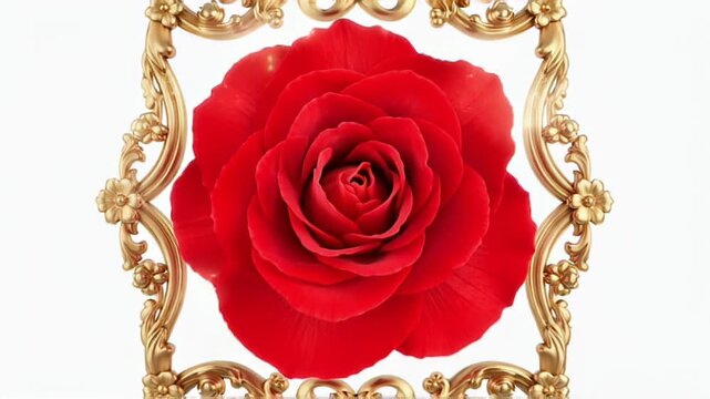Vibrant Red Rose Enclosed in an Intricately Carved Gold Frame, Elegant Floral Portrait.