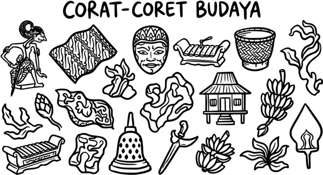 Indonesian Cultural Icons Line Art: Batik, Wayang, Gamelan, Traditional House, Keris, Borobudur