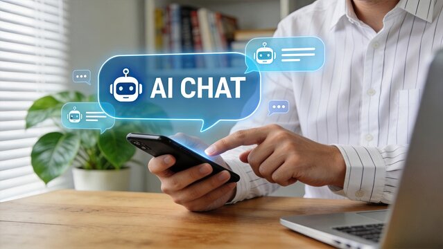 Woman using smartphone with AI chat bot conversation bubbles, artificial intelligence assistant, virtual helper, automated messaging, customer support, smart technology, digital
