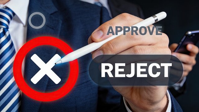Businessman using digital stylus to reject proposal, selecting red cross icon over approve option, corporate decision making concept, refusal of contract or application form on