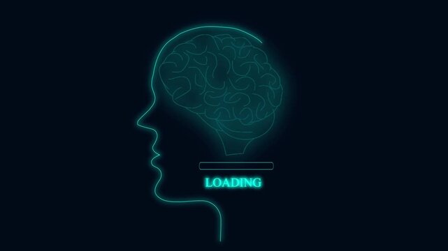 Neon head profile silhouette graphic with brain development loading. Artificial intelligence head symbol for neural network core optimization. Digital head animation for data upgrade.
