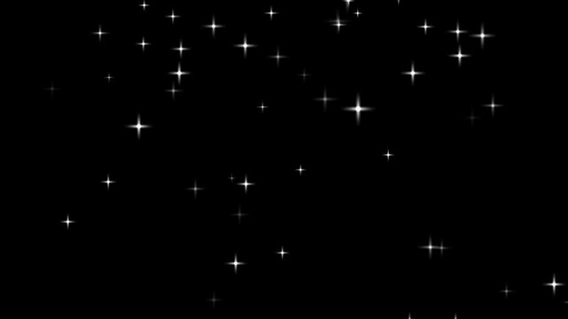 White star burst elements flashing on black background screen. Sparkle stars symbol for abstract creative magic video backdrop. Sparkle stars animation for fantasy overlay layout.