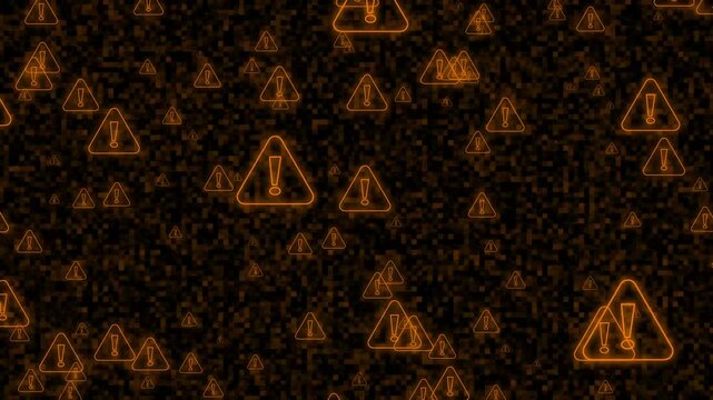 Orange caution warning sign icons on pixelated background animation. System warning sign symbol for computer hardware temperature threshold alert. Digital warning signs animation for care.