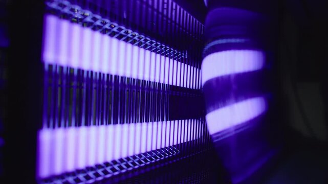 Ultraviolet mosquito killer machine with glowing purple tubes inside electric insect trap device used during summer to attract and eliminate mosquitoes and flying pests indoors