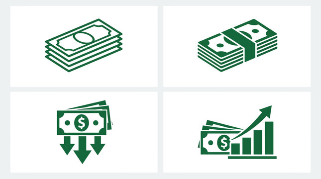 Four green finance icons showing bills, bundles, spending decrease, and growth chart, symbolizing money flow, investment, savings, and profit.
