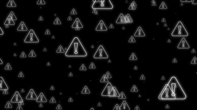White warning sign icons matrix code floating on black background. Emergency alert sign symbol for public safety industrial hazard message. Digital warning signs animation for notification.
