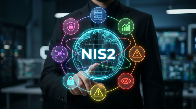 Cybersecurity professional presenting NIS2 directive global digital data protection technology