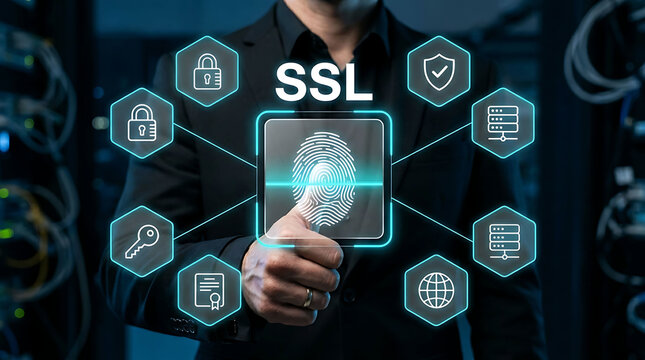 SSL Cyber Security Concept with Biometric Fingerprint Scan and Network Icons