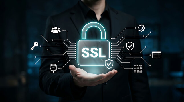 Cybersecurity professional holding glowing SSL lock icon for secure data connection