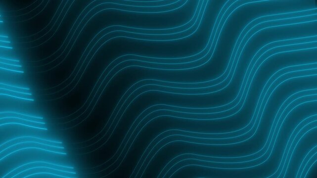 Neon cyan wavy lines motion background with depth effect. Abstract neon wave for futuristic internet stream presentation backdrop. Abstract neon wave animation for technology layout.